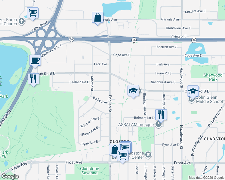 map of restaurants, bars, coffee shops, grocery stores, and more near 1313 Burke Circle East in Saint Paul