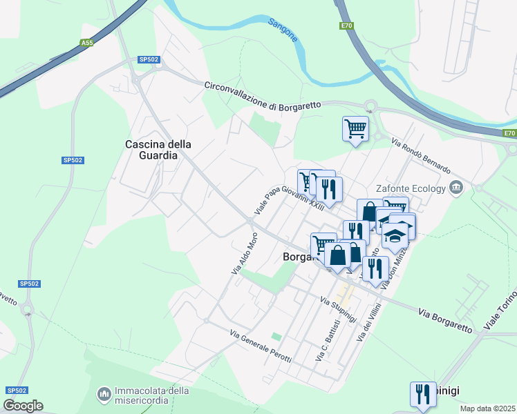 map of restaurants, bars, coffee shops, grocery stores, and more near 6 Via II Giugno in Borgaretto