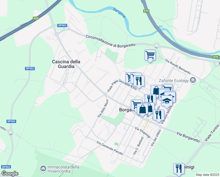 map of restaurants, bars, coffee shops, grocery stores, and more near 6 Via II Giugno in Borgaretto