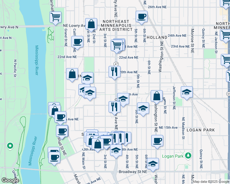 map of restaurants, bars, coffee shops, grocery stores, and more near 1723 3rd Street Northeast in Minneapolis