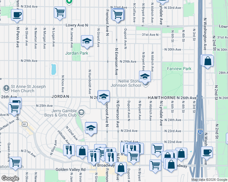 map of restaurants, bars, coffee shops, grocery stores, and more near 2600 Emerson Avenue North in Minneapolis