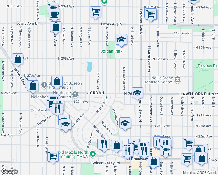 map of restaurants, bars, coffee shops, grocery stores, and more near 2539 North 26th Avenue in Minneapolis