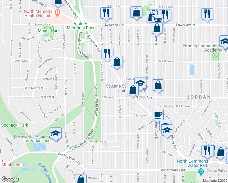 map of restaurants, bars, coffee shops, grocery stores, and more near 2531 North Thomas Avenue in Minneapolis