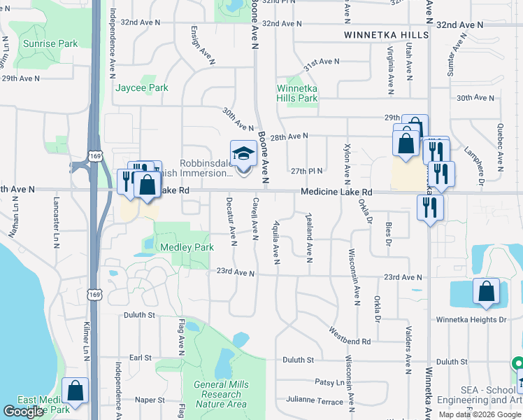 map of restaurants, bars, coffee shops, grocery stores, and more near 2425 Aquila Avenue North in Minneapolis