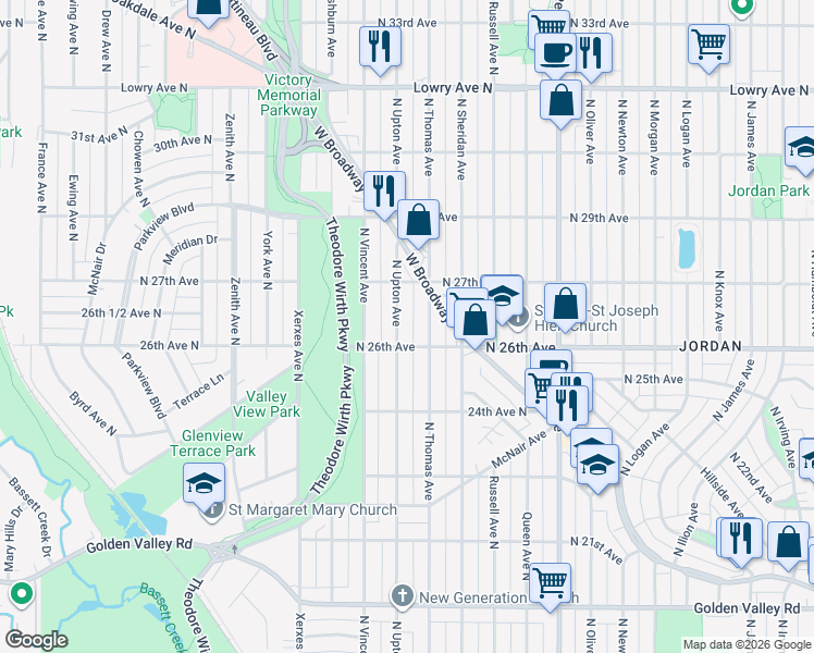 map of restaurants, bars, coffee shops, grocery stores, and more near 2531 North Thomas Avenue in Minneapolis