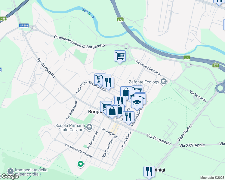 map of restaurants, bars, coffee shops, grocery stores, and more near 7 Viale Giovanni Xxiii Papa in Borgaretto