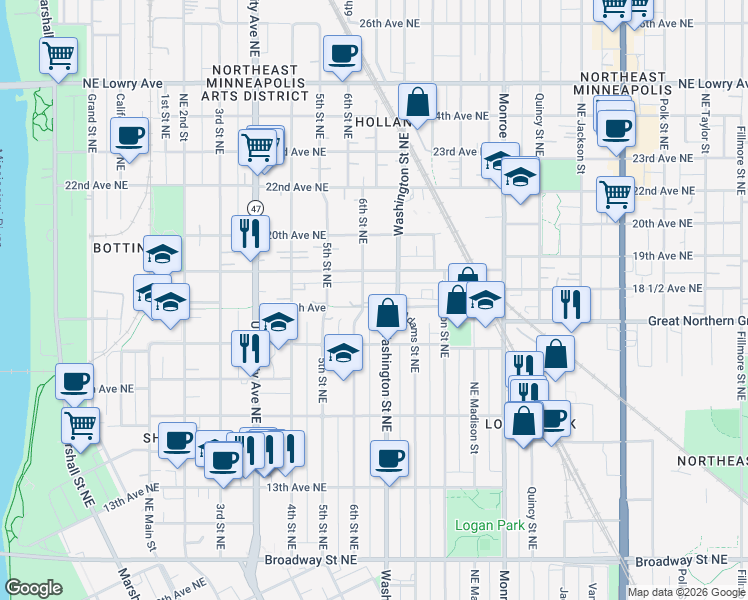 map of restaurants, bars, coffee shops, grocery stores, and more near 1720 Washington Street Northeast in Minneapolis
