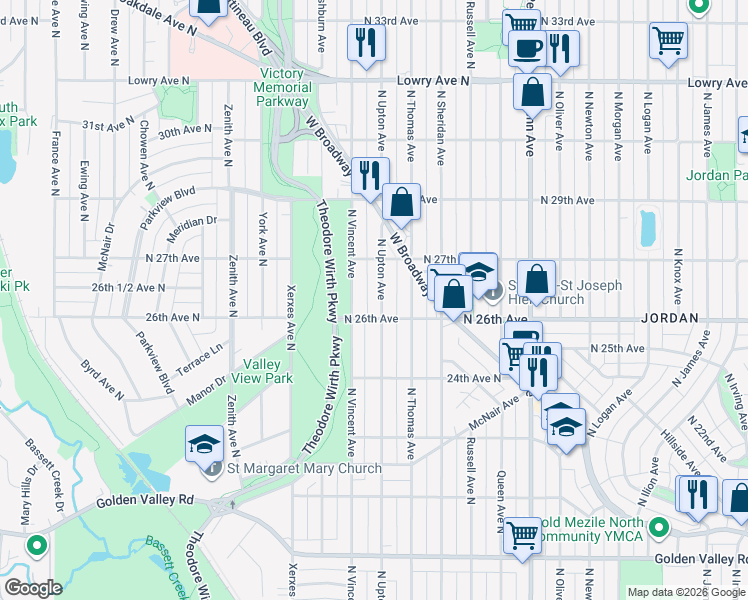 map of restaurants, bars, coffee shops, grocery stores, and more near 2529 North Upton Avenue in Minneapolis
