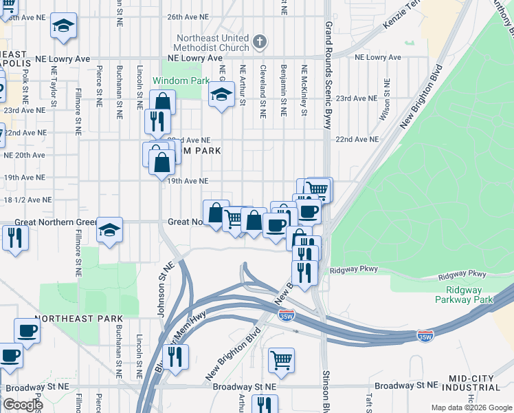 map of restaurants, bars, coffee shops, grocery stores, and more near 1800 Northeast Cleveland Street in Minneapolis