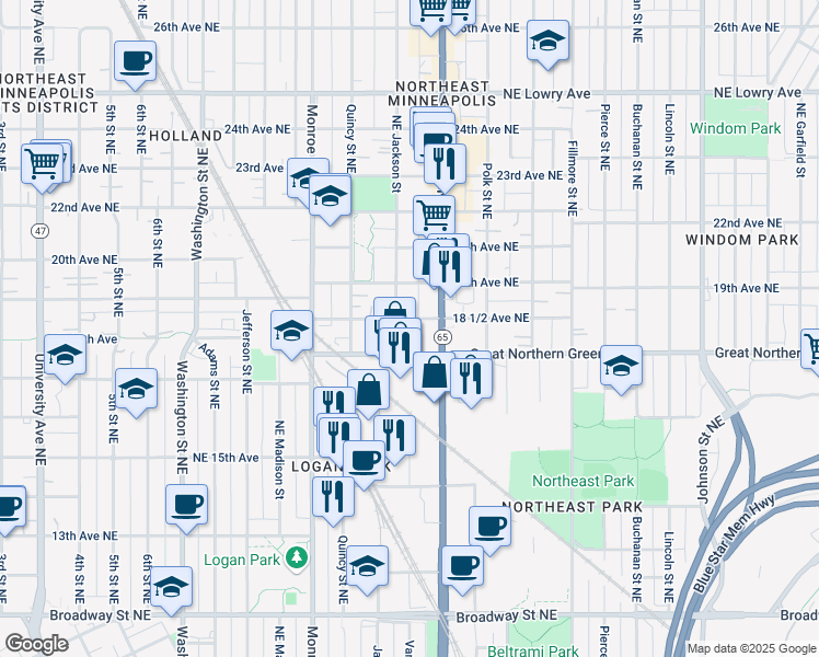 map of restaurants, bars, coffee shops, grocery stores, and more near 1121 Northeast Jackson Street in Minneapolis