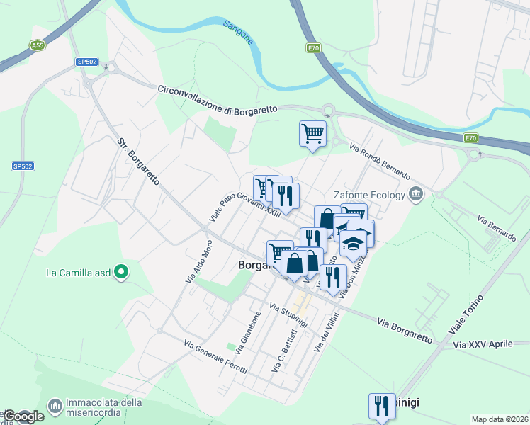 map of restaurants, bars, coffee shops, grocery stores, and more near 5-9 Viale Papa Giovanni XXIII in Borgaretto