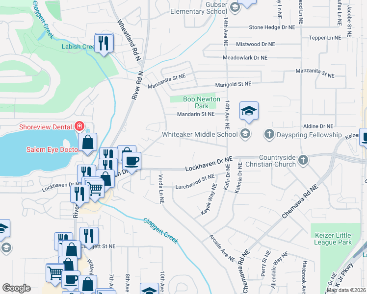 map of restaurants, bars, coffee shops, grocery stores, and more near 5840 Benevan Court Northeast in Keizer