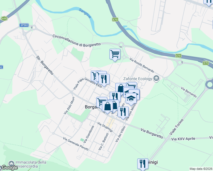 map of restaurants, bars, coffee shops, grocery stores, and more near 7 Viale Giovanni Xxiii Papa in Borgaretto
