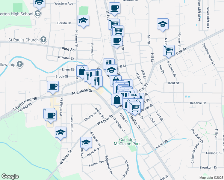map of restaurants, bars, coffee shops, grocery stores, and more near 302 McClaine Street in Silverton