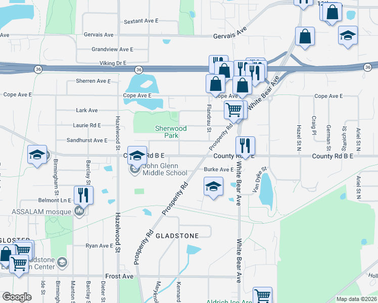 map of restaurants, bars, coffee shops, grocery stores, and more near 1670 County Road B East in Saint Paul