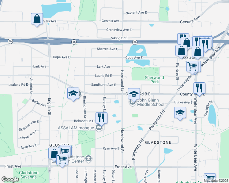 map of restaurants, bars, coffee shops, grocery stores, and more near in Maplewood