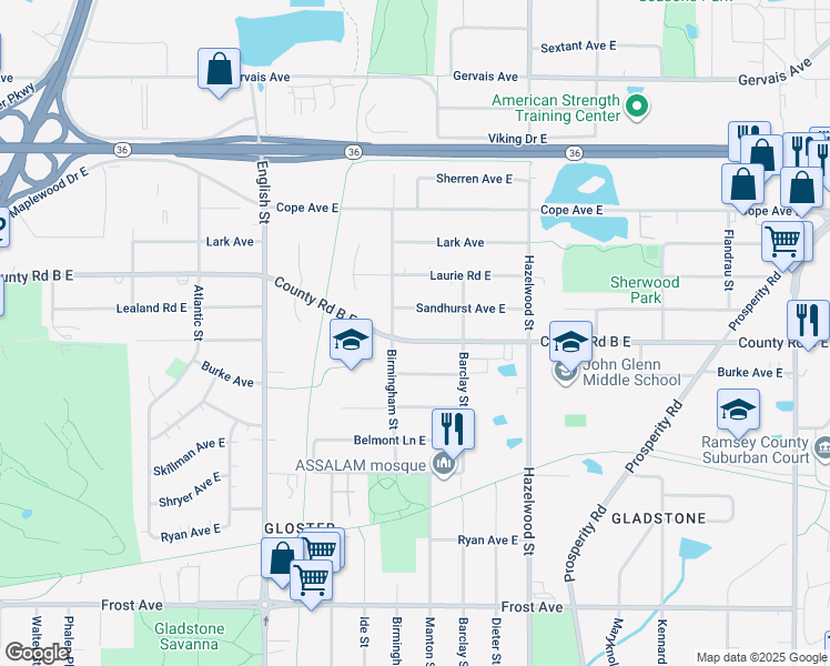 map of restaurants, bars, coffee shops, grocery stores, and more near 1425 Burke Avenue East in Maplewood