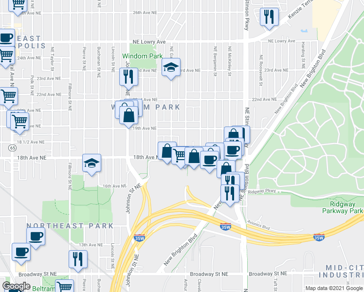 map of restaurants, bars, coffee shops, grocery stores, and more near 1800 Northeast Arthur Street in Minneapolis