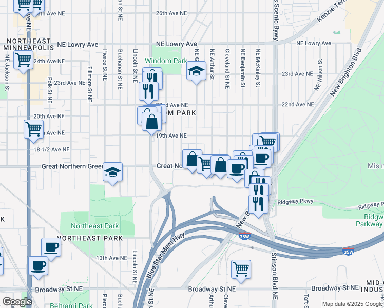 map of restaurants, bars, coffee shops, grocery stores, and more near 1701 18th Avenue Northeast in Minneapolis