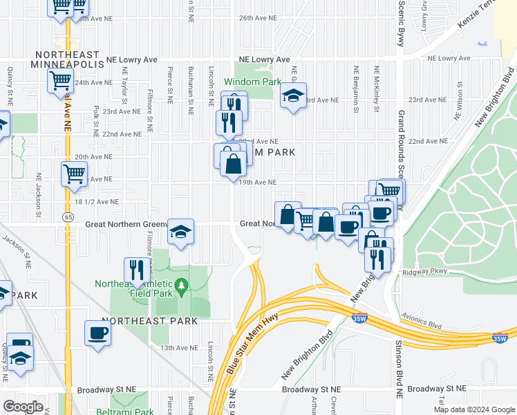 map of restaurants, bars, coffee shops, grocery stores, and more near 1707 18th Avenue Northeast in Minneapolis
