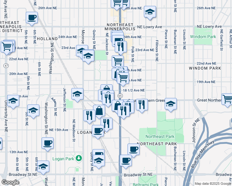 map of restaurants, bars, coffee shops, grocery stores, and more near 1800 Minnesota 65 in Minneapolis