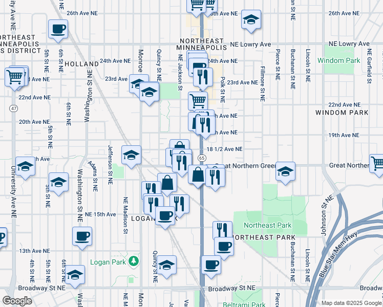 map of restaurants, bars, coffee shops, grocery stores, and more near 1800 Minnesota 65 in Minneapolis