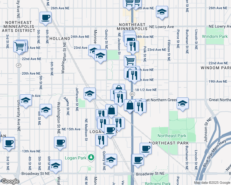 map of restaurants, bars, coffee shops, grocery stores, and more near 1121 Northeast Jackson Street in Minneapolis