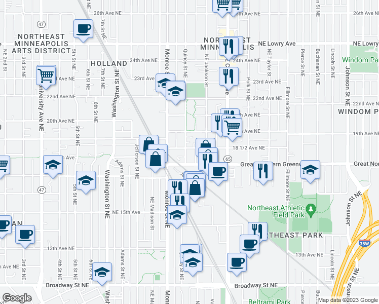 map of restaurants, bars, coffee shops, grocery stores, and more near 1803 Quincy Street Northeast in Minneapolis