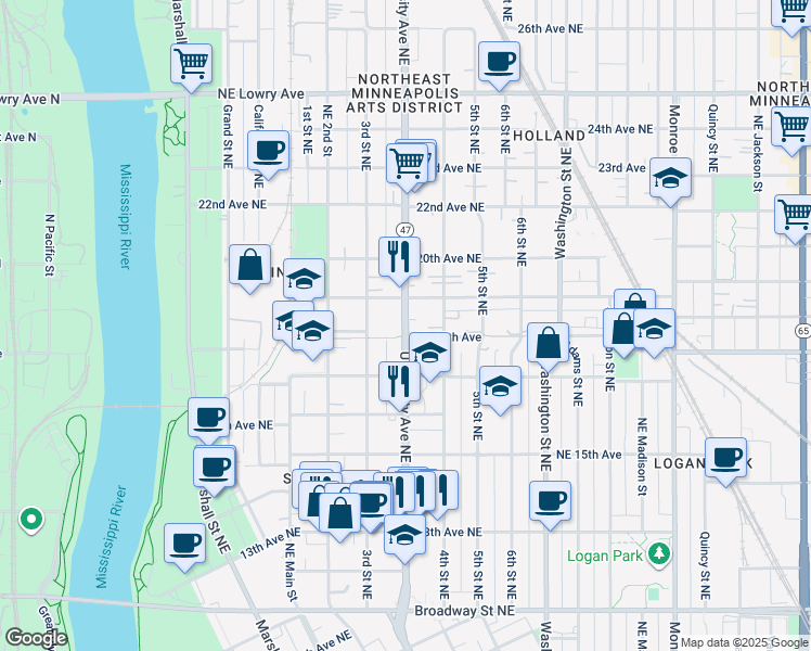map of restaurants, bars, coffee shops, grocery stores, and more near 338 18th Avenue Northeast in Minneapolis