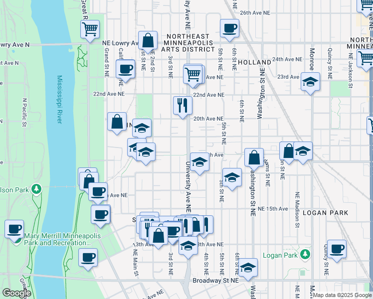 map of restaurants, bars, coffee shops, grocery stores, and more near 1723 3rd Street Northeast in Minneapolis