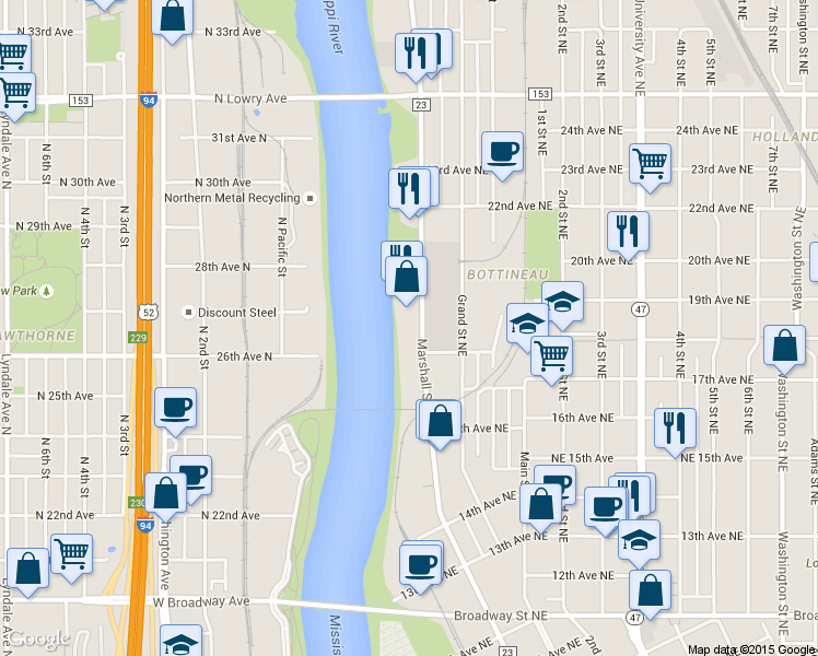 map of restaurants, bars, coffee shops, grocery stores, and more near 20 18th Avenue Northeast in Minneapolis