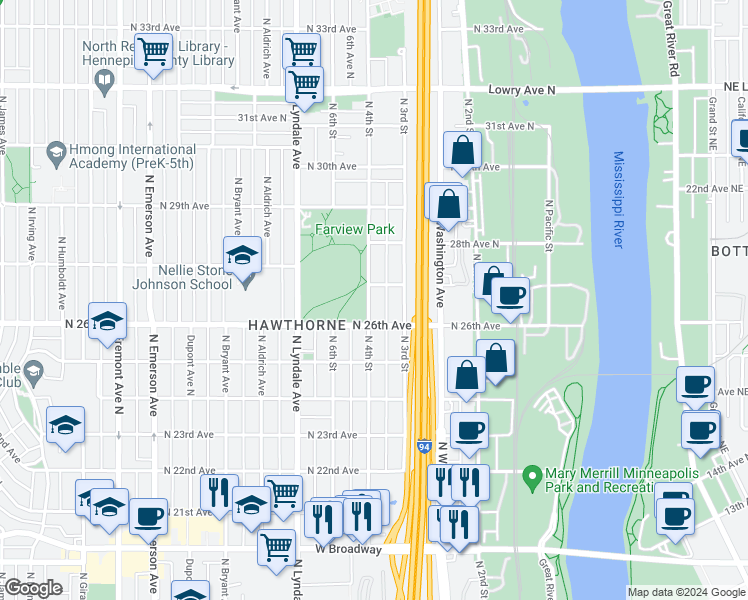 map of restaurants, bars, coffee shops, grocery stores, and more near 2602 North 4th Street in Minneapolis