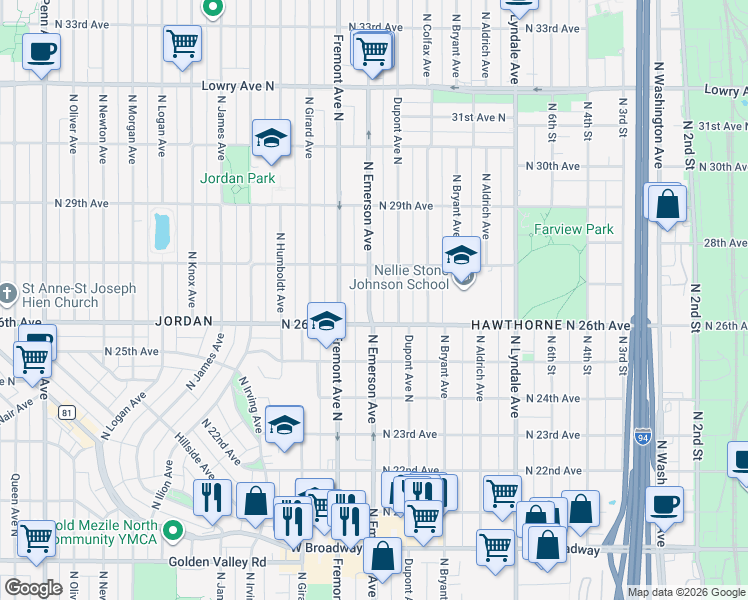 map of restaurants, bars, coffee shops, grocery stores, and more near 2600 Emerson Avenue North in Minneapolis