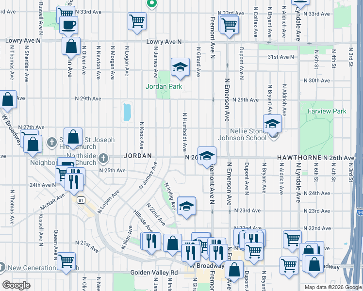 map of restaurants, bars, coffee shops, grocery stores, and more near 1415 North 26th Avenue in Minneapolis