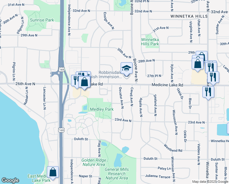 map of restaurants, bars, coffee shops, grocery stores, and more near 2425 Decatur Avenue North in Minneapolis