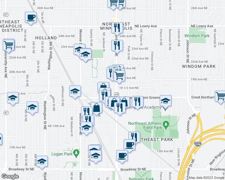 map of restaurants, bars, coffee shops, grocery stores, and more near 1800 Minnesota 65 in Minneapolis