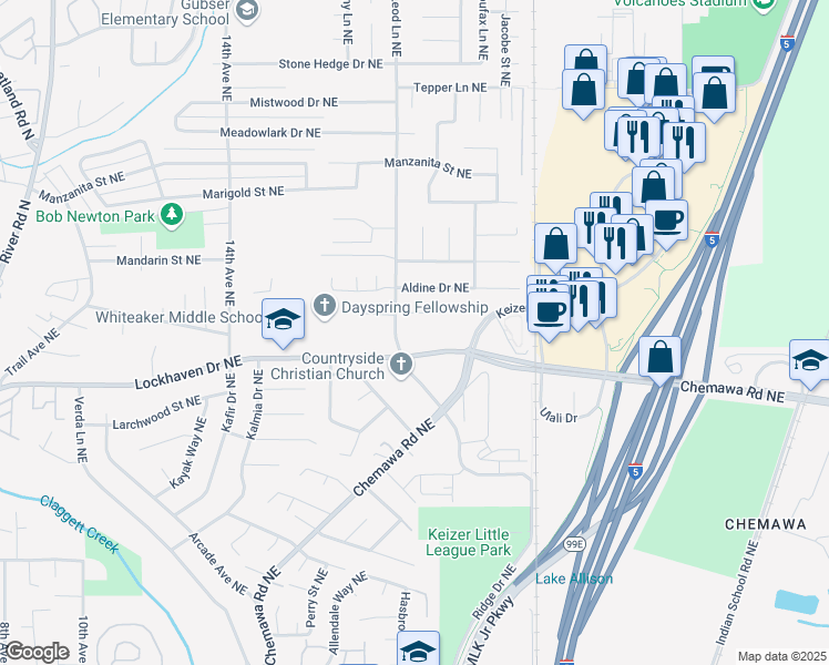 map of restaurants, bars, coffee shops, grocery stores, and more near 5780 McLeod Lane Northeast in Keizer