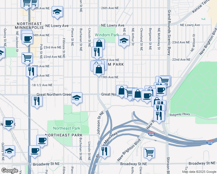 map of restaurants, bars, coffee shops, grocery stores, and more near 1823 Ulysses Street Northeast in Minneapolis
