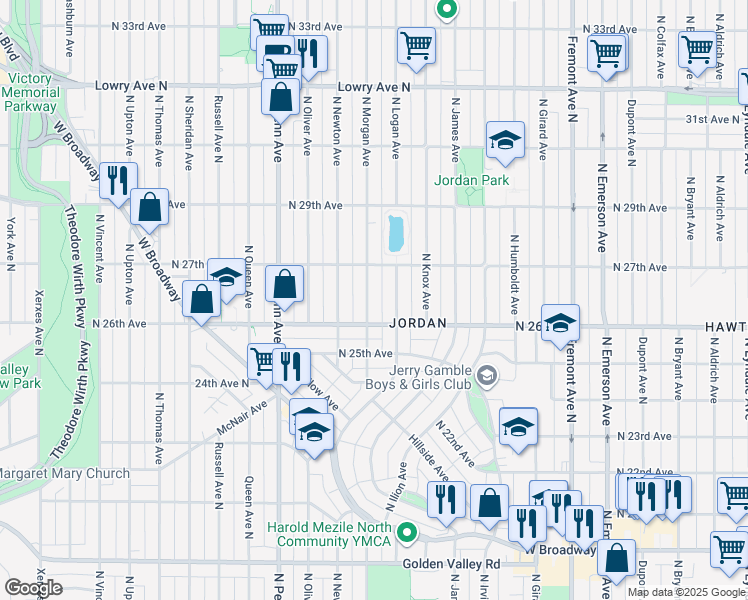 map of restaurants, bars, coffee shops, grocery stores, and more near 2622 North Morgan Avenue in Minneapolis