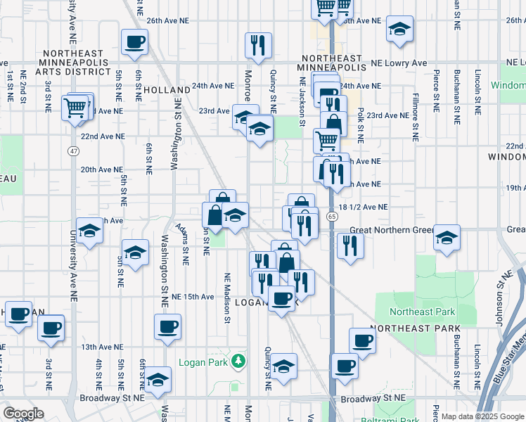 map of restaurants, bars, coffee shops, grocery stores, and more near 1847 Monroe Street Northeast in Minneapolis