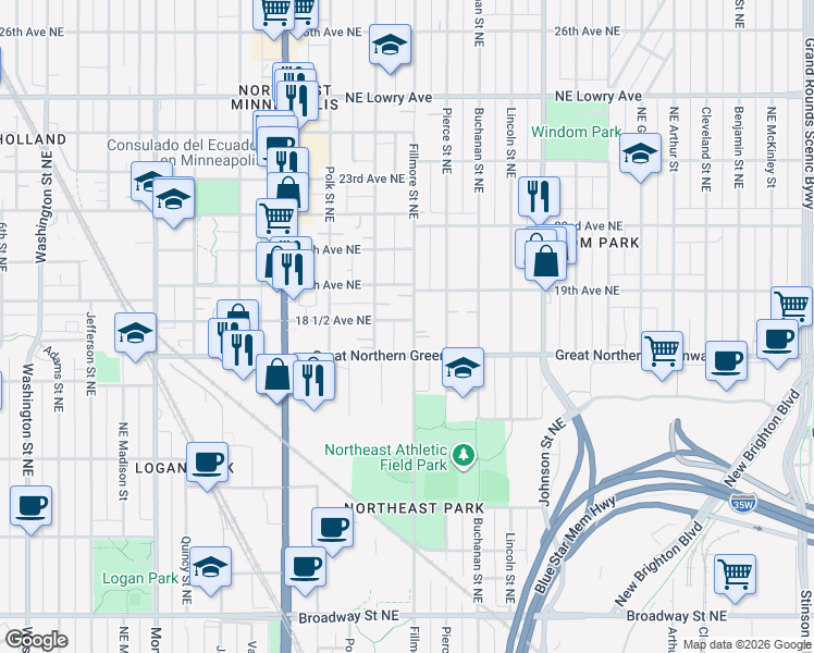 map of restaurants, bars, coffee shops, grocery stores, and more near 1824 Fillmore Street Northeast in Minneapolis