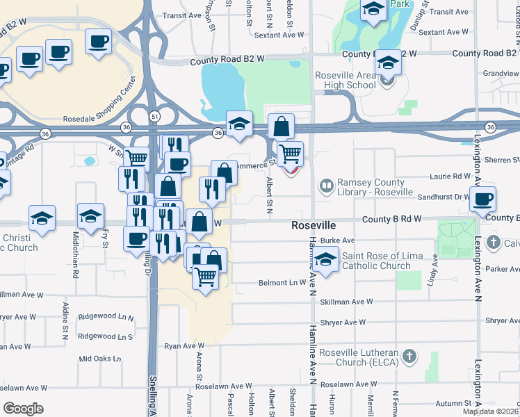 map of restaurants, bars, coffee shops, grocery stores, and more near 1415 County B Road West in Roseville