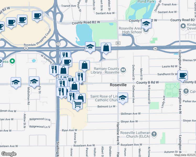 map of restaurants, bars, coffee shops, grocery stores, and more near 2211 Albert Street North in Roseville