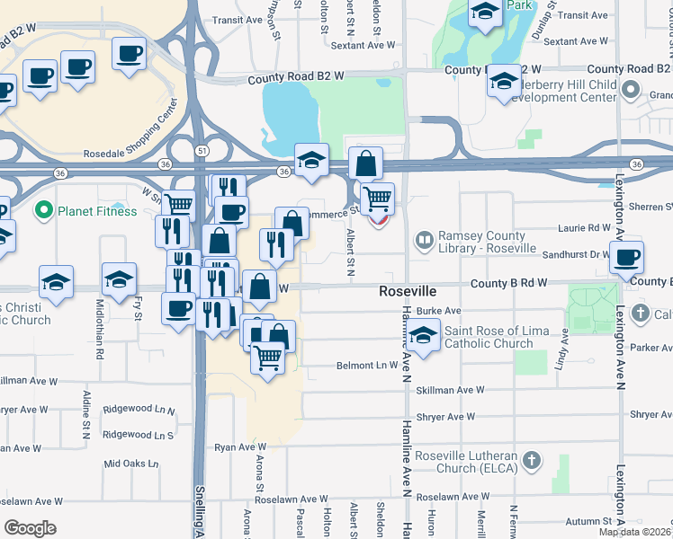 map of restaurants, bars, coffee shops, grocery stores, and more near 2211 Albert Street North in Roseville