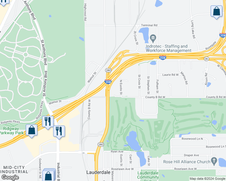 map of restaurants, bars, coffee shops, grocery stores, and more near 2447 County B Road West in Roseville