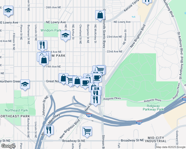 map of restaurants, bars, coffee shops, grocery stores, and more near 2308 19th Avenue Northeast in Minneapolis