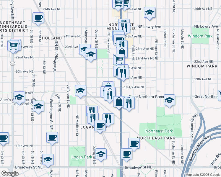 map of restaurants, bars, coffee shops, grocery stores, and more near 1847 Northeast Jackson Street in Minneapolis