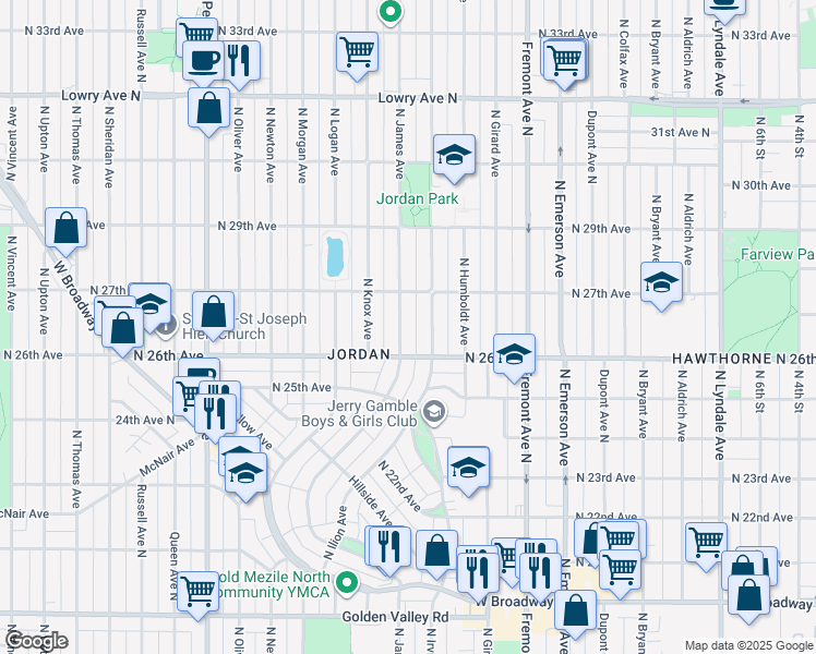 map of restaurants, bars, coffee shops, grocery stores, and more near 2650 North James Avenue in Minneapolis