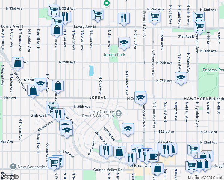 map of restaurants, bars, coffee shops, grocery stores, and more near 2650 North James Avenue in Minneapolis
