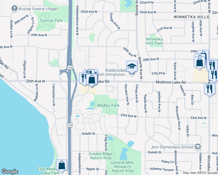 map of restaurants, bars, coffee shops, grocery stores, and more near 9115 Medley Road in Minneapolis